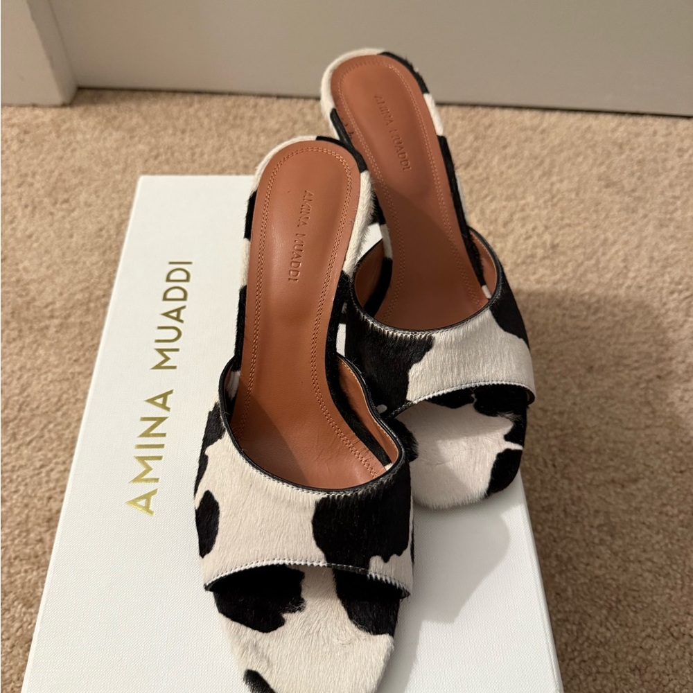 Amina Muaddi Black and White Cow Print Mules